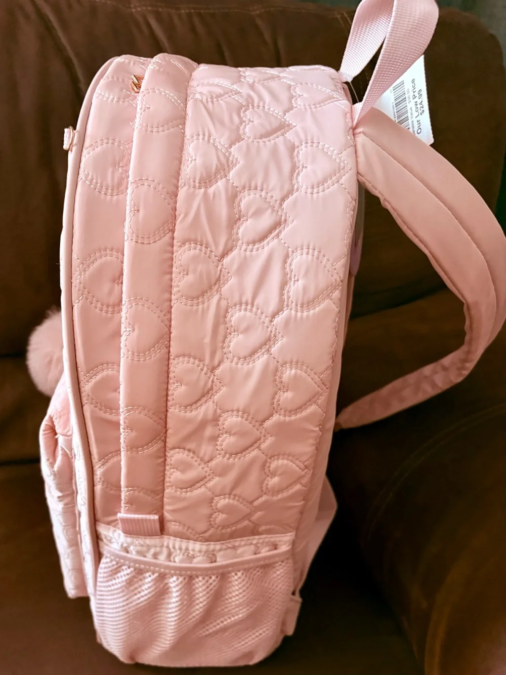 Under One Sky Quilted Heart Backpack in Light Pink with Pom Pom